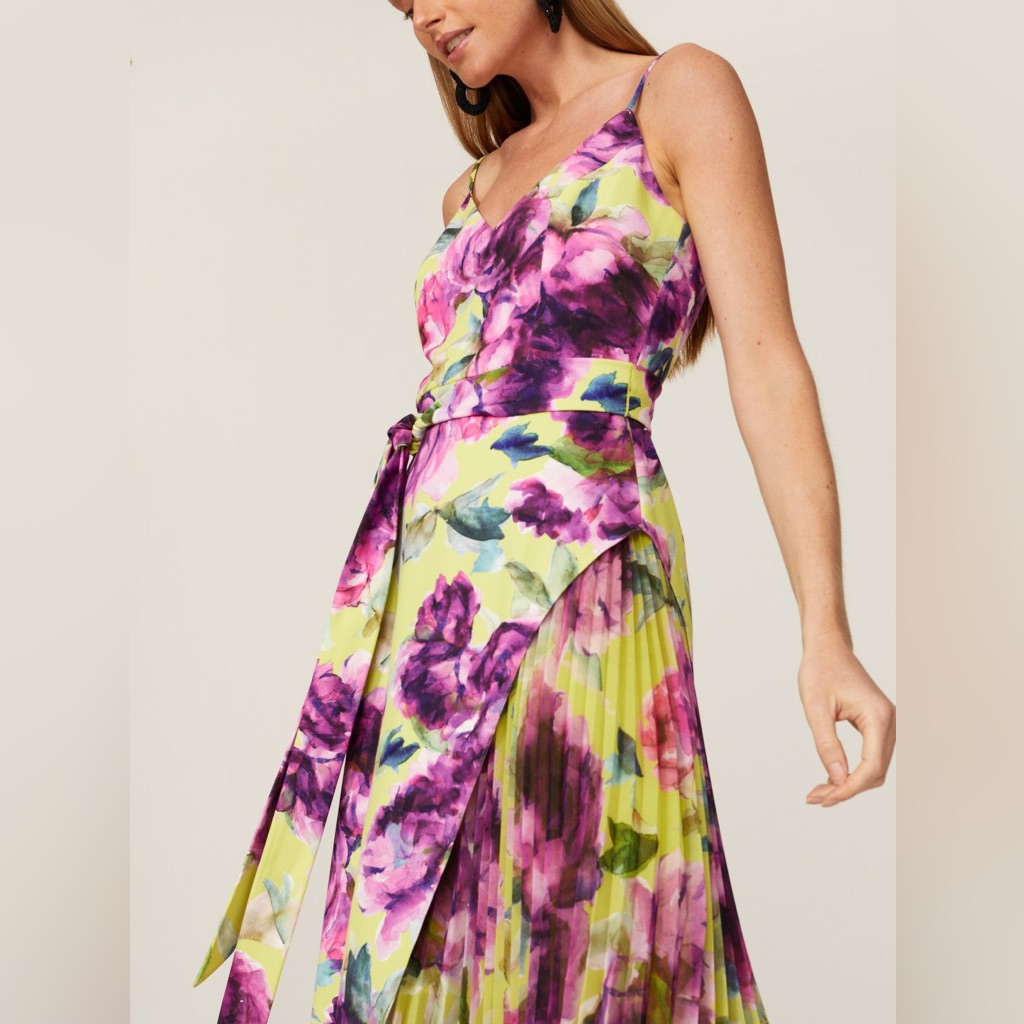 Badgley Mischka Lime And Purple Floral Pleated Dress, Size 8